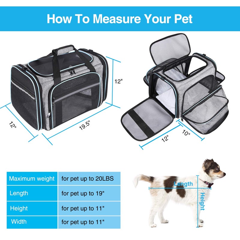 MASKEYON Airline Approved Portable Pet Carrier 2 Sides Expandable Soft-Sided Large Cats Carrier Collapsible Kennel Travel TSA Carrier 4 Doors with Removable Pads and 3 Pockets for Puppy Small Dogs - Image 2